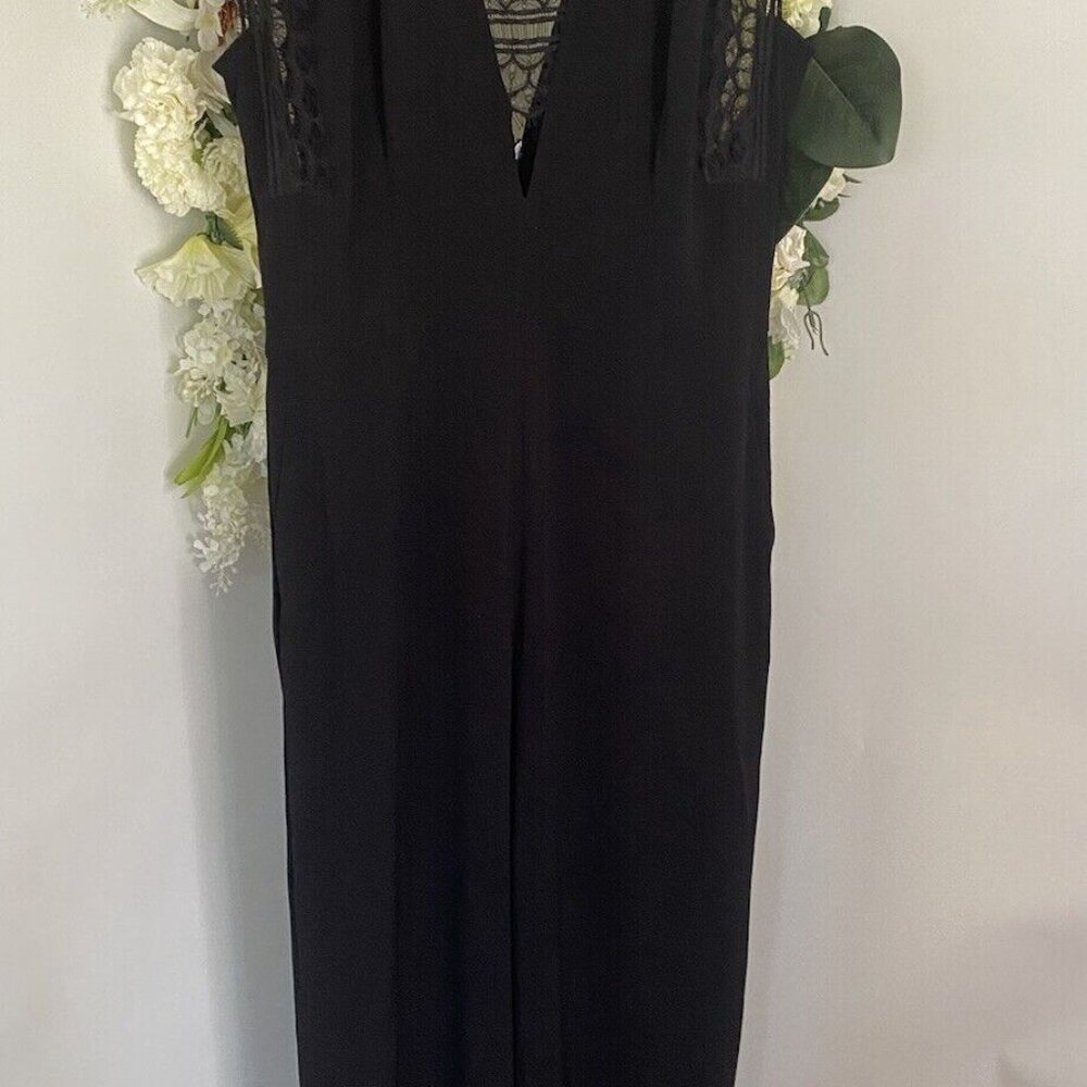 Sandro Palazzo Plunge V-Neck Lace Trim Wide Leg Jumpsuit in Black Med $495 NWOT - Picture 4 of 16